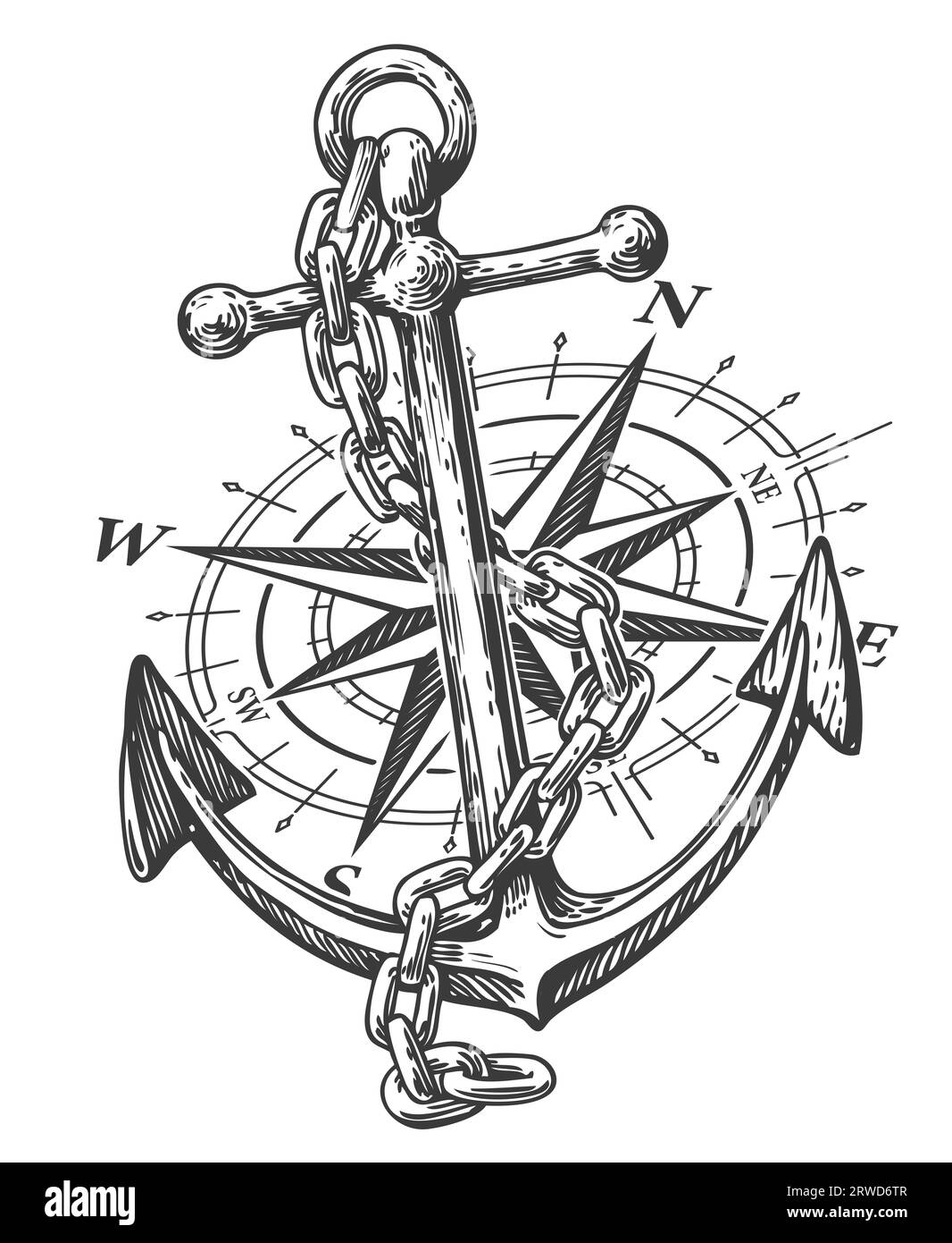 Handgezeichneter Anker mit Kette und nautischem Kompass im Gravurstil. Skizzieren Sie eine Vintage-Illustration Stockfoto