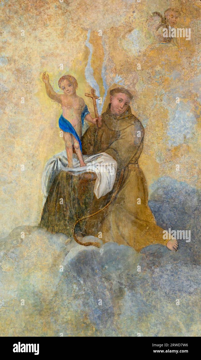 Der Heilige Antonius von Padua (von Lissabon). Gemälde an der Decke der Kirche des Heiligen Antonius in Tercena, Portugal. Stockfoto