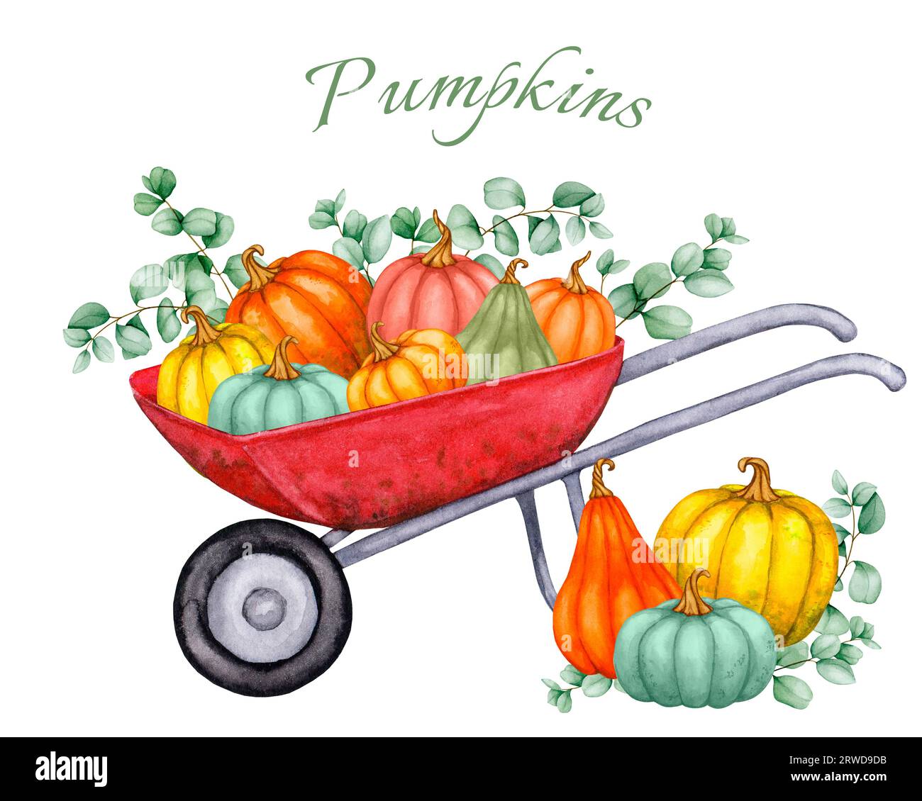Kürbisse in einer Gartenrollkarre. Von Hand gezeichnetes Aquarell. Erntedankfest, Erntedankfest. Fertige Komposition für die Gestaltung eines Posters, Banners Stockfoto