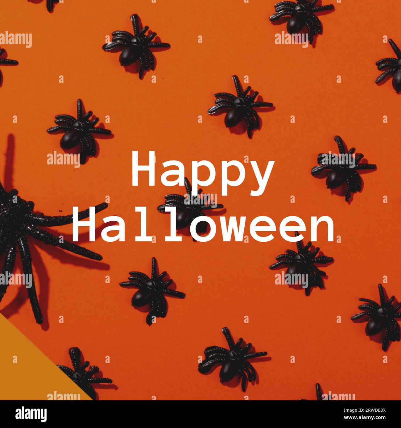 Happy halloween Text in weiß über schwarzen Plastikfliegen und Spinne auf orangem Hintergrund Stockfoto