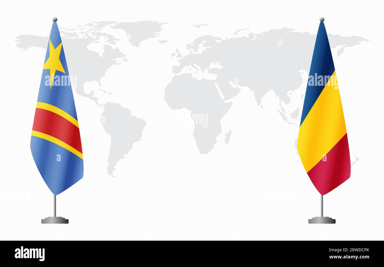 Demokratische Republik Kongo und Tschad Flaggen für offizielles Treffen vor dem Hintergrund der Weltkarte. Stock Vektor