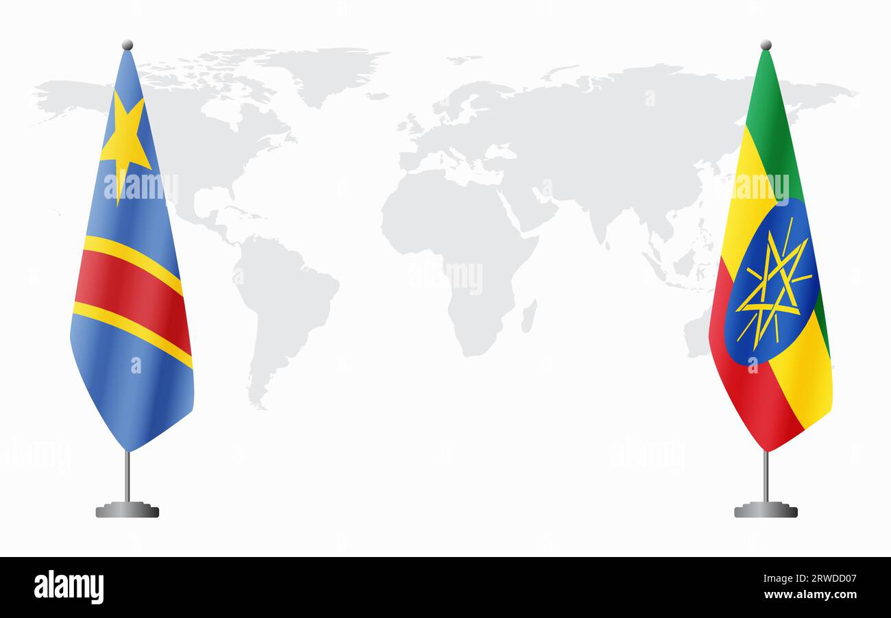Demokratische Republik Kongo und Äthiopien Flaggen für offizielles Treffen vor dem Hintergrund der Weltkarte. Stock Vektor