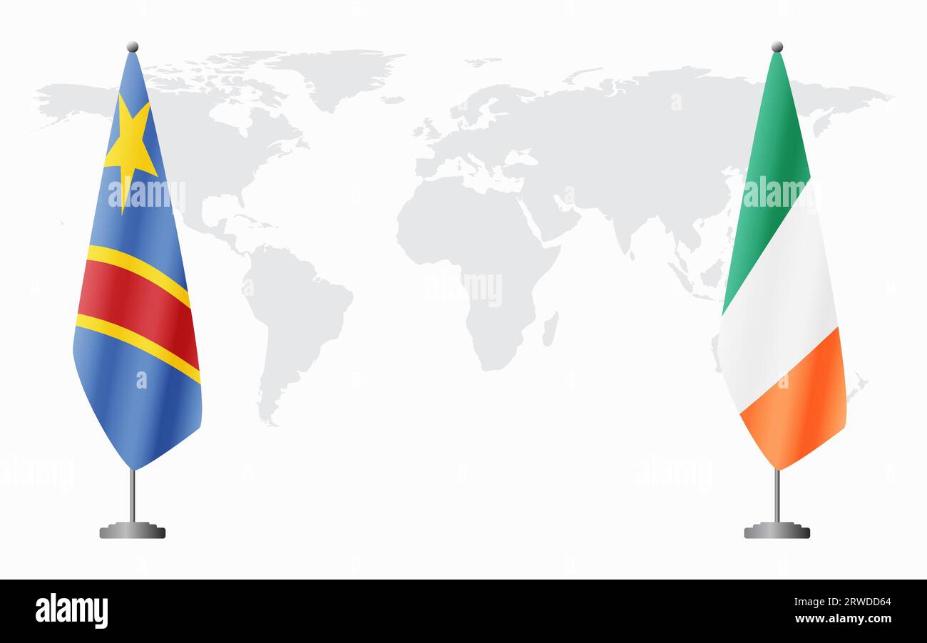 Demokratische Republik Kongo und Irland Flaggen für offizielles Treffen vor dem Hintergrund der Weltkarte. Stock Vektor