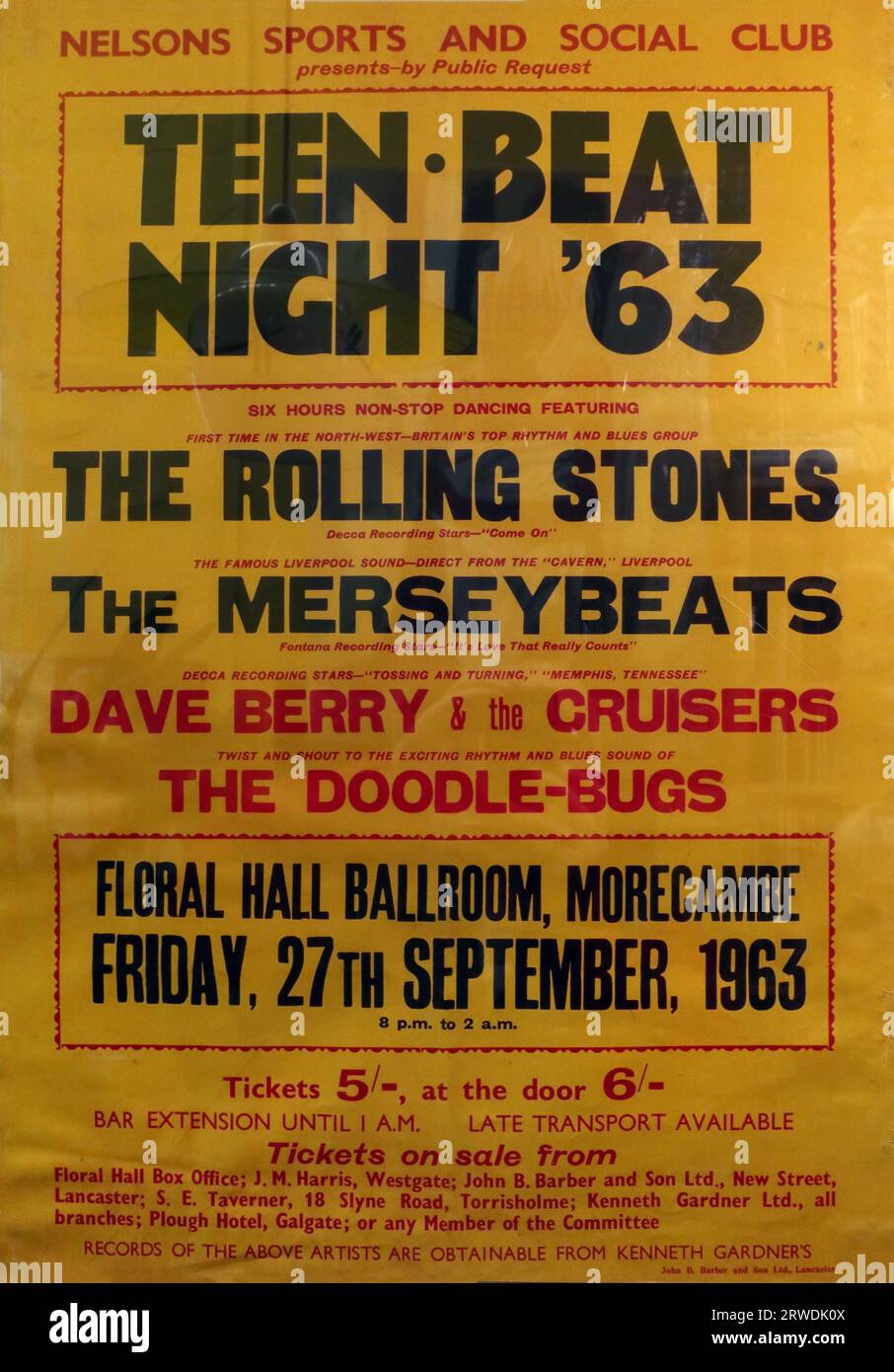 Rolling Stones Teen Beat Night 1963 Rock Roll Musik Konzert Poster - Nelsons Sport und Social Club, Floral Hall, Morecambe, Lancs, LA4 6AQ Stockfoto