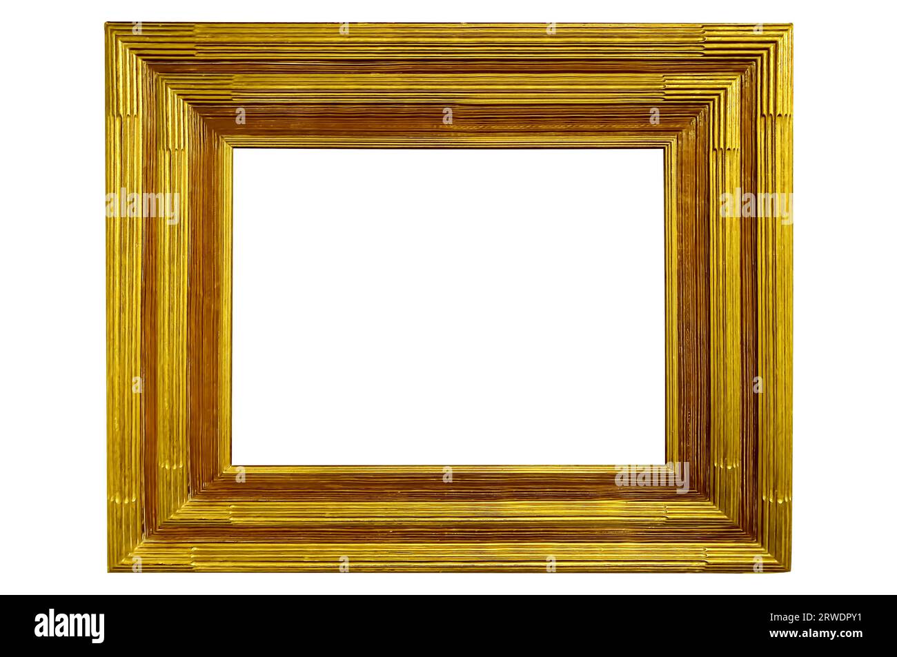 Breiter, einfacher, goldgoldglänzender Bilderrahmen aus Holz mit Schnitzereien und heller Kontur Stockfoto