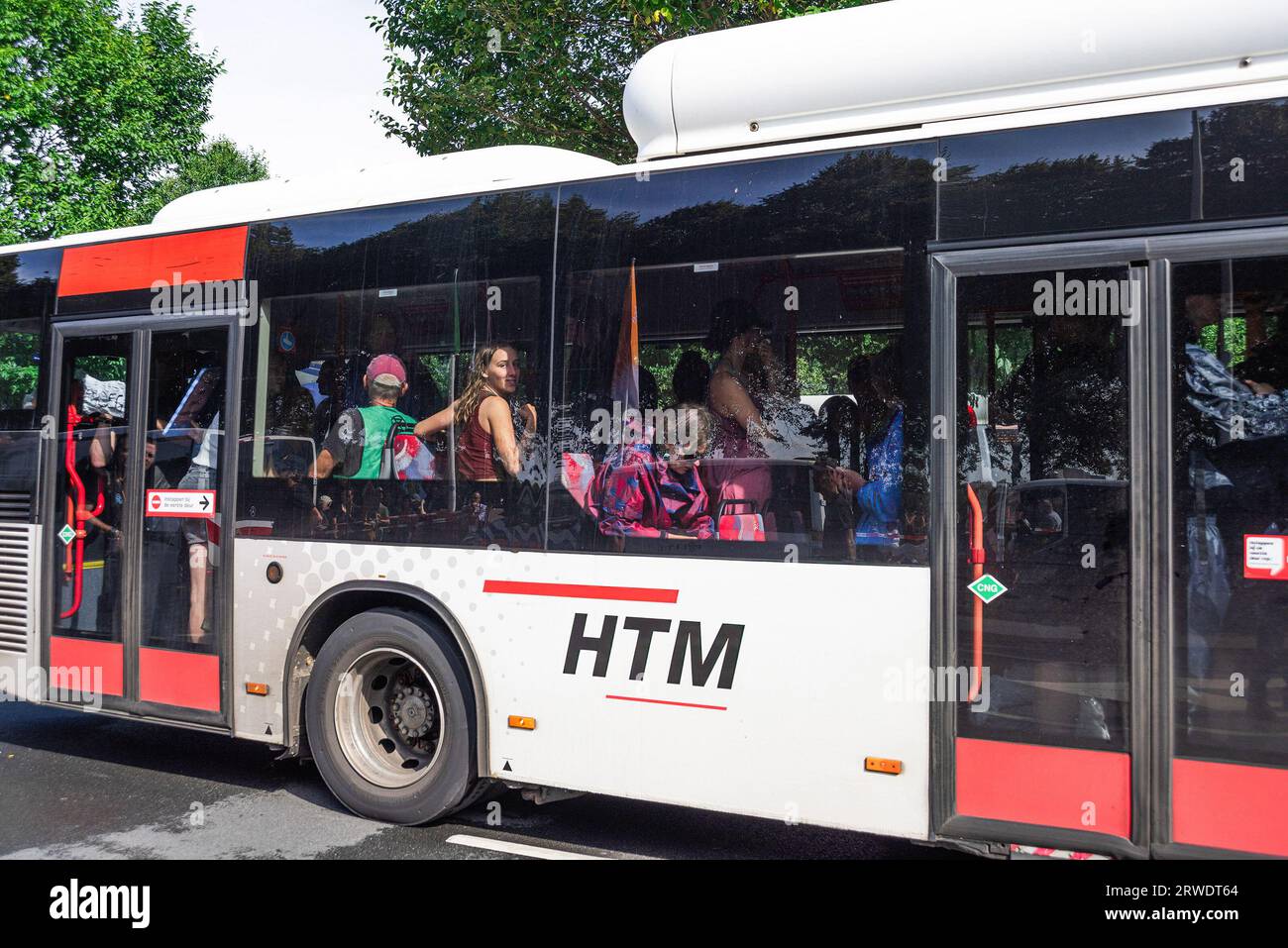Den Haag, Niederlande. September 2023. Einige der Aktivisten der friedlichen Ausrottungsbewegung 650 werden während der Demonstration mit dem Bus zum ADO-Fußballstadion gefahren. Die Extinction Rebellion organisierte am achten Tag in Folge eine Blockade auf der Autobahn A12 in den Haag, trotz eines Verbots der Gemeinde. Die A12-Blockade begann um zwölf Uhr mittags und endete zwei Stunden später. Am ersten Tag der Veranstaltung, letzten Samstag, sahen Tausende von Klimaaktivisten. Die Nummer war heute Nachmittag deutlich geringer. Einige hundert Demonstranten teilten sich in mehrere Gruppen entlang des Utrechtsebs auf Stockfoto
