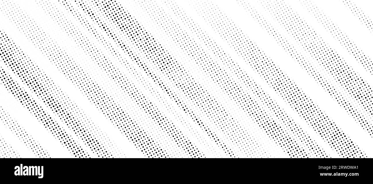 Schräge Streifenstruktur mit Halbton. Weiß und Schwarz schräg verblasster Verlauf. Hintergrund mit schrägen Linien. Abstrakte Pop-Art und Comic-Tapete. Gepunktete Geräuschkulisse. Vektorillustration Stock Vektor
