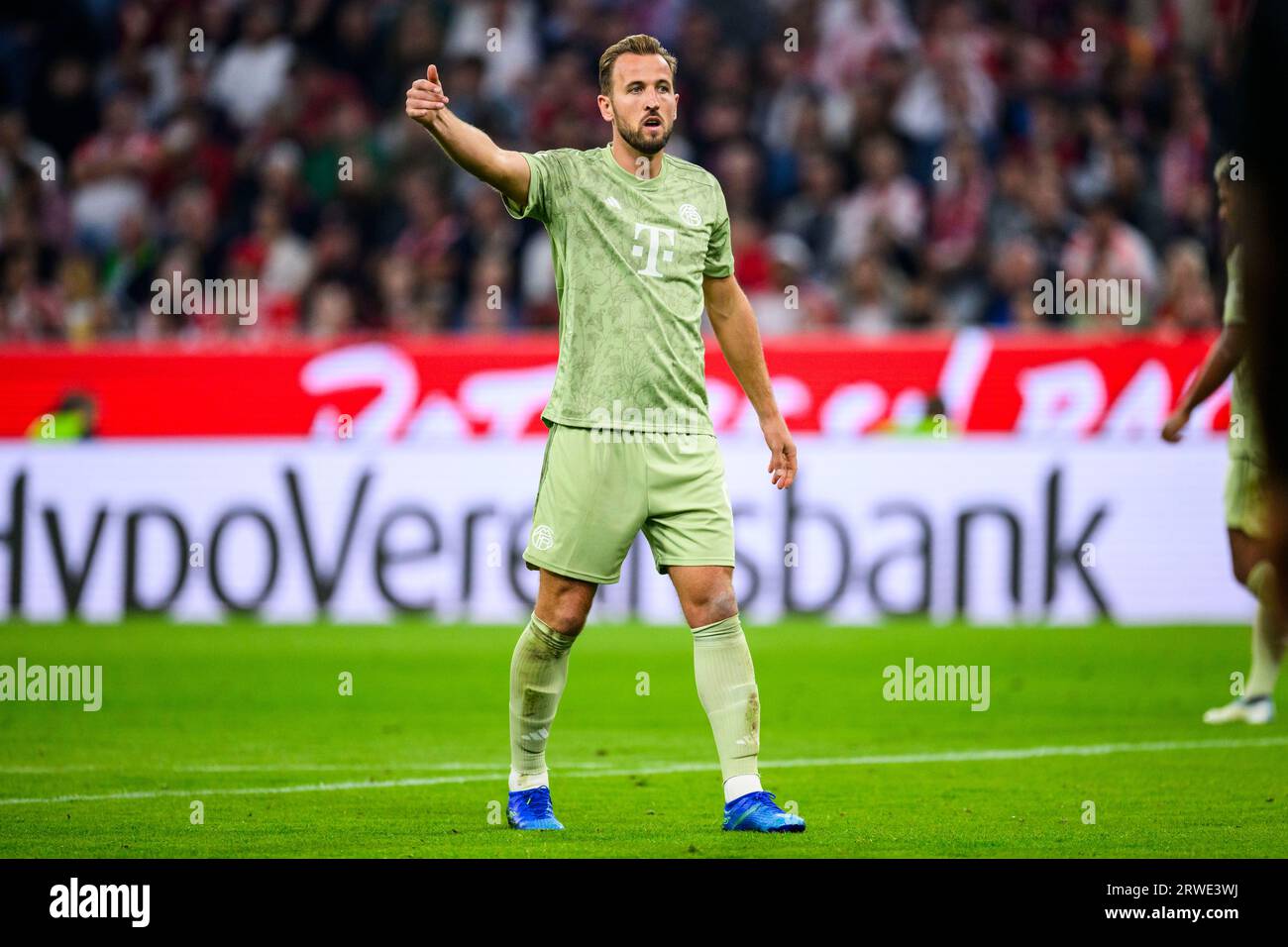 15. September 2023, Bayern, München: Fußball: Bundesliga, Bayern München - Bayer Leverkusen, Spieltag 4, Allianz Arena. Münchens Harry-Kane-Gesten. Foto: Tom Weller/dpa Stockfoto