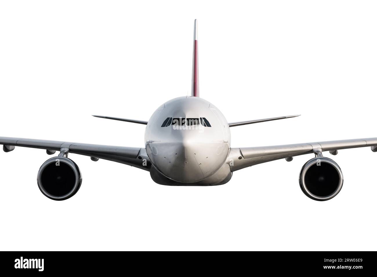 Vorderansicht des Passagier-Jetliner mit breiter Karosserie isoliert auf weißem Hintergrund Stockfoto