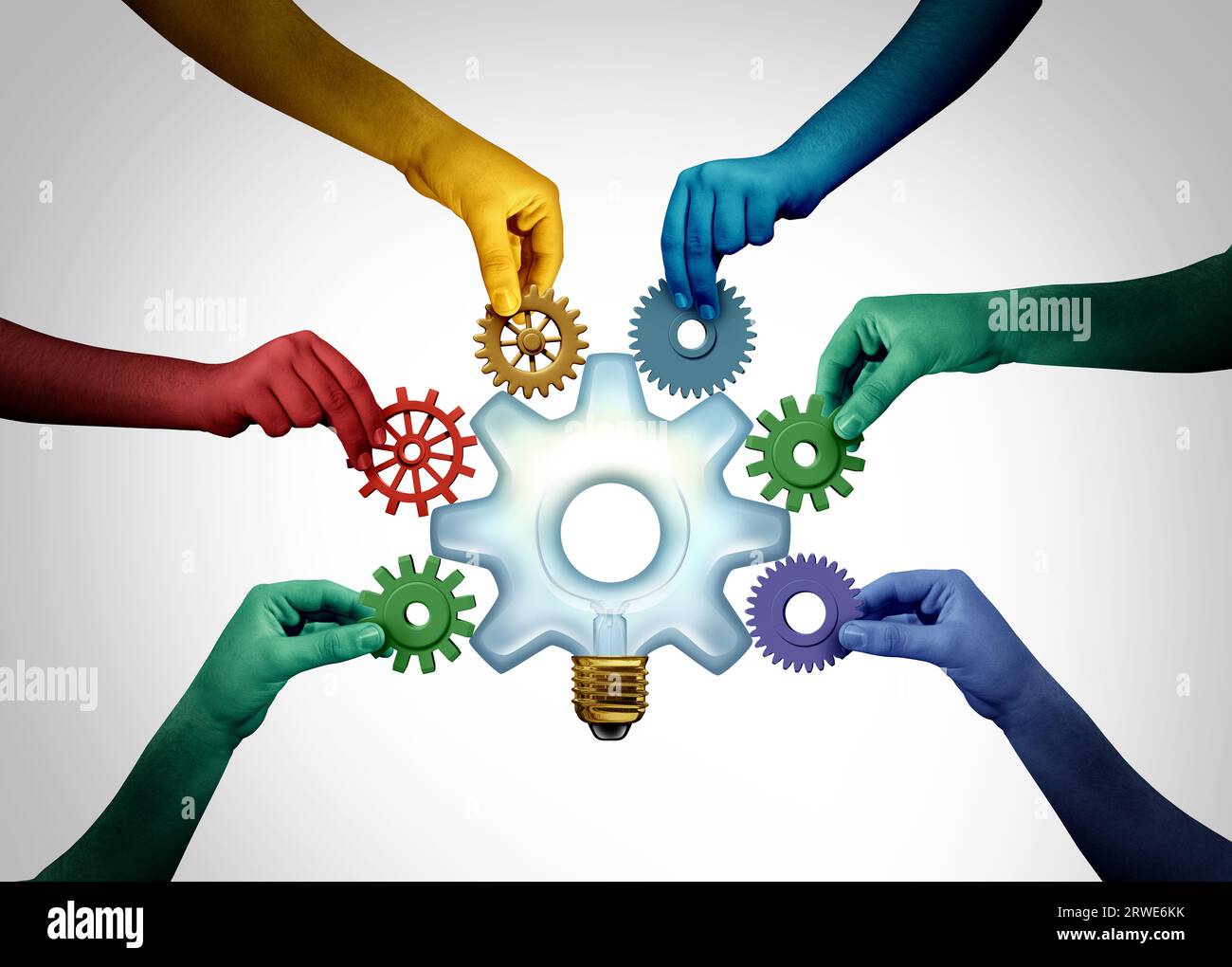 Gemeinsame Ideen und Kreativität bei der Unternehmensintegration als kooperative Allianz von Teammitgliedern, die sich mit einer Glühbirne aus beleuchtetem Glas g verbinden Stockfoto