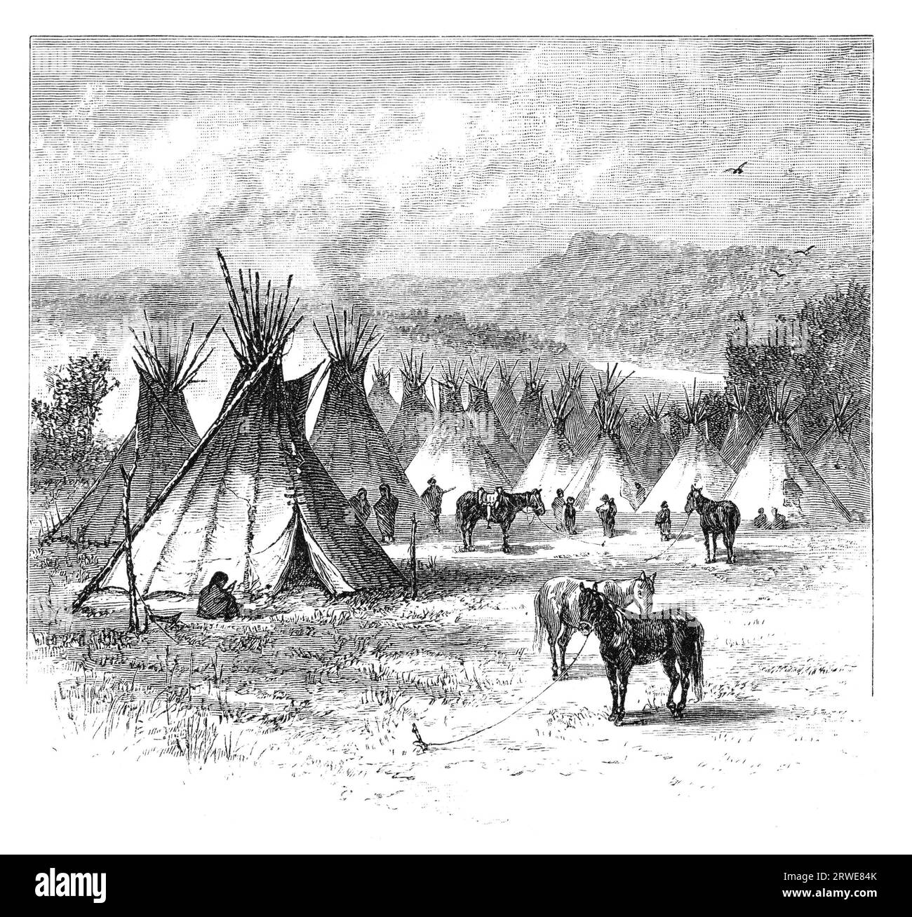 Indianerdorf. Vintage-Gravur aus dem Harpers Monthly Magazine 1880. Durch das Alter Stockfoto