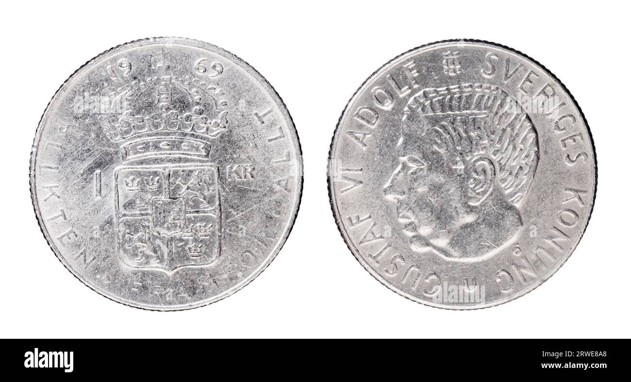 Schwedische 1 Krona aka Crown Münze von 1969 mit König Gustaf VI. Adolf von Schweden Stockfoto