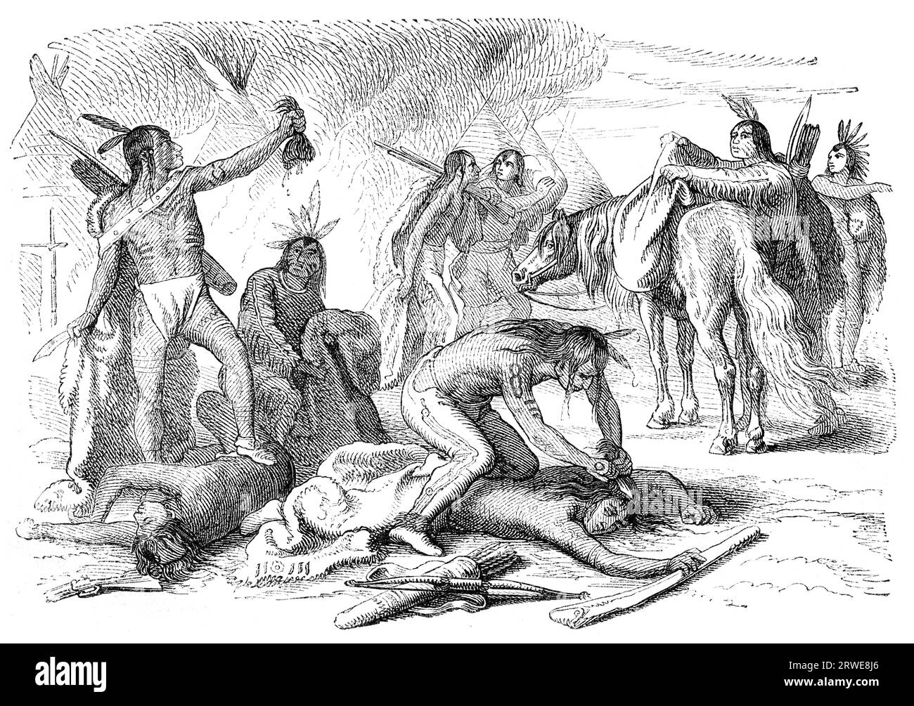 Indianer, die ihren Feind skalpieren. Gravur eines unbekannten Künstlers aus Ernst von Hesse-Warteggs Nord Amerika, schwedische Ausgabe im Jahr 1880 Stockfoto