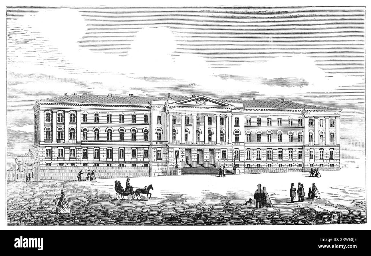 Das Hauptgebäude der Universität Helsinki, Finnland. Gravur eines unbekannten Künstlers aus NY Illustrerad Tidning 1866 Stockfoto