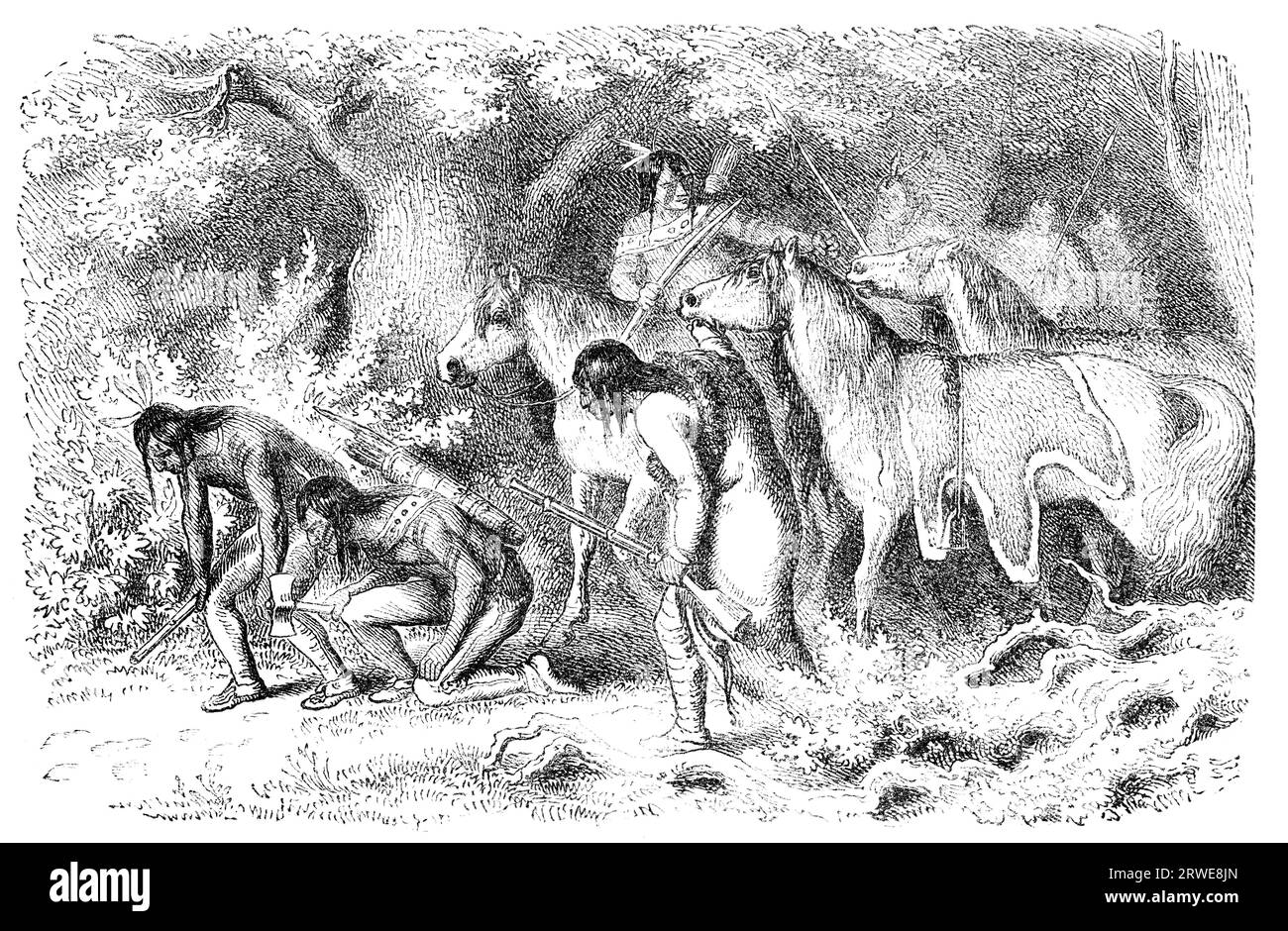 Die Indianer von Cheyenne verfolgen ihren Feind. Gravur eines unbekannten Künstlers aus Ernst von Hesse-Warteggs Nord Amerika, schwedische Ausgabe veröffentlicht in Stockfoto