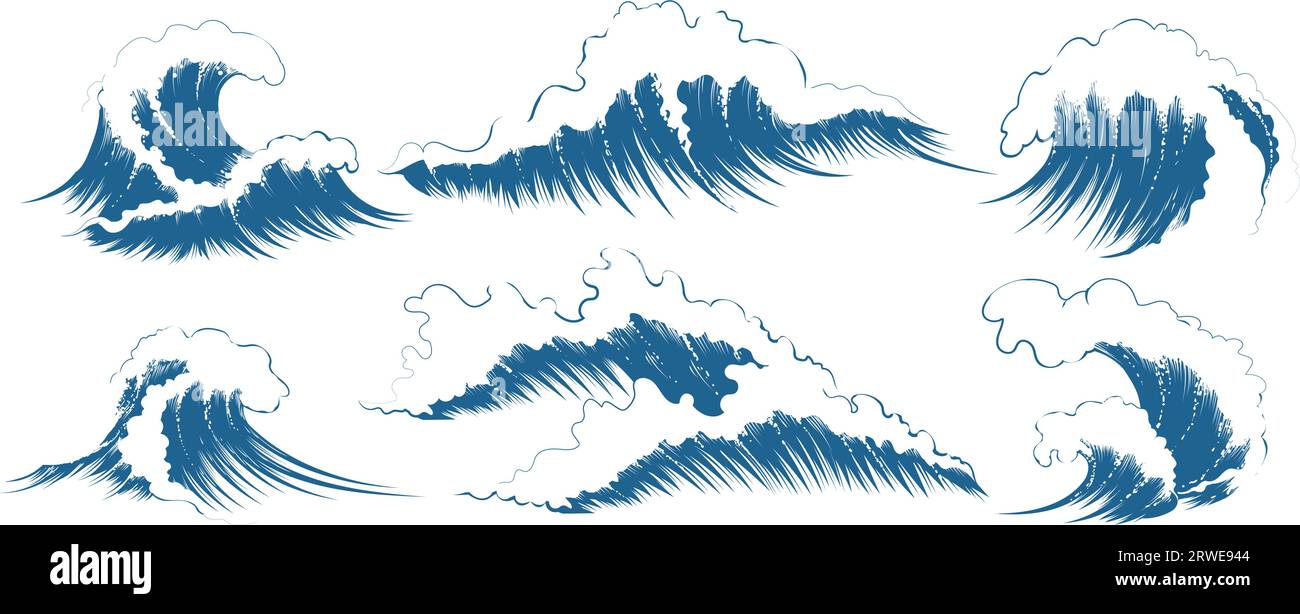 Sea Waves Sketch Set Stock Vektor