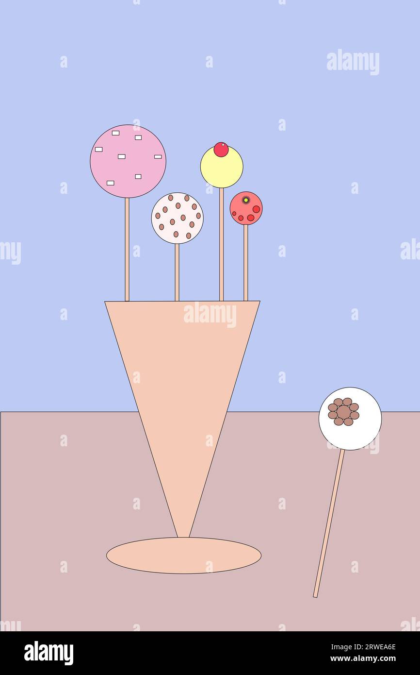 Vier verschiedene Kuchen auf einem Stock in einer Tasse, vordere braune Tischplatte mit Lolly-Kuchen auf der Oberseite, Hintergrund hellblaue Wand Stockfoto