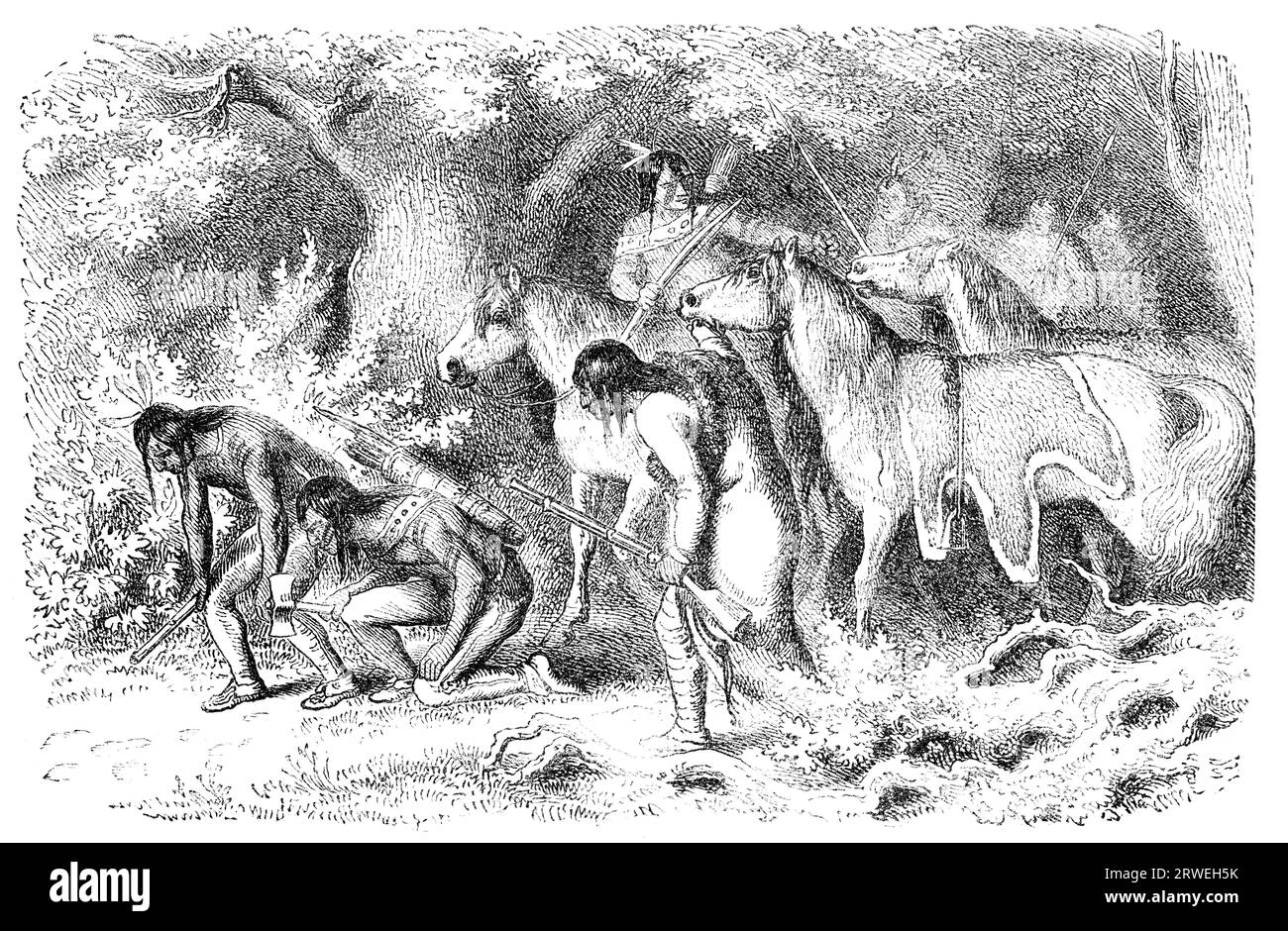 Die Indianer von Cheyenne verfolgen ihren Feind. Gravur eines unbekannten Künstlers aus Ernst von Hesse-Warteggs Nord Amerika, schwedische Ausgabe veröffentlicht in Stockfoto