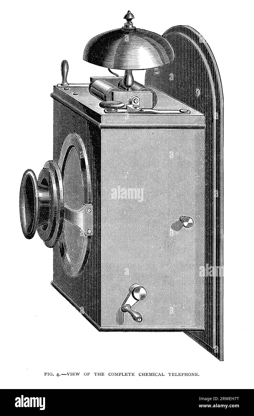 Edisons Chemikalientelefon. Gravur wurde ursprünglich 1879 im Scribners Magazine veröffentlicht Stockfoto