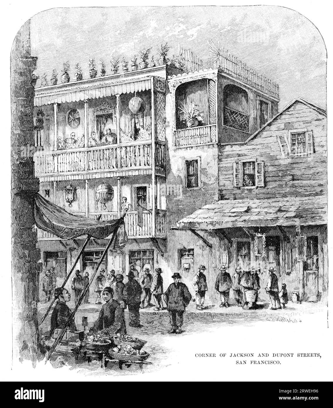 Ecke Jackson Street und DuPont Street, San Francisco, USA. Ursprünglich erschien die Ausgabe des Harpers New Monthly Magazine im Mai 1883 Stockfoto