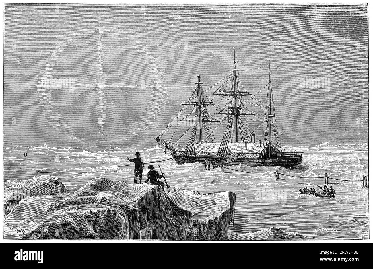 Vega im Winterquartier. Die Nordenskioelds nahmen an drei geologischen Expeditionen nach Spitzbergen Teil, gefolgt von längeren arktischen Erkundungen im Jahr 1867 Stockfoto