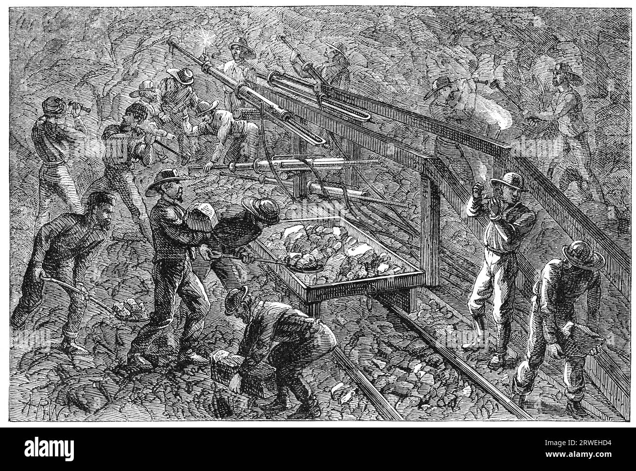 Tunneln des Hoosac-Tunnels: Arbeiten Sie auf dem Steuerkurs. Illustration aus einem 1870 gedruckten Magazin Stockfoto