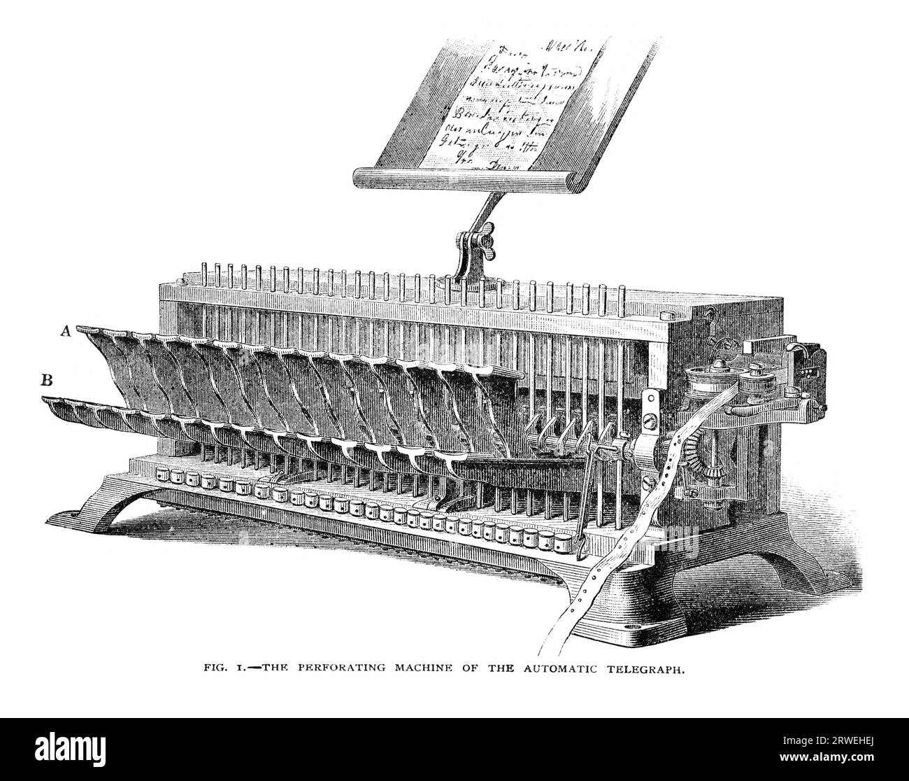 Die Perforationsmaschine des automatischen Telegraphen. Eine Erfindung von Thomas Alva Edison. Ursprünglich veröffentlicht in einer Zeitschrift 1879 Stockfoto