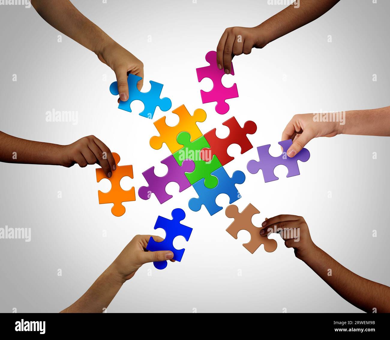 Inklusion und Gerechtigkeit als Symbol für Vielfalt und Zusammengehörigkeit und gemeinschaftliches Vertrauen als verschiedene Menschen, die ein Puzzle mit einer Vielzahl von Puzzles vereinen Stockfoto
