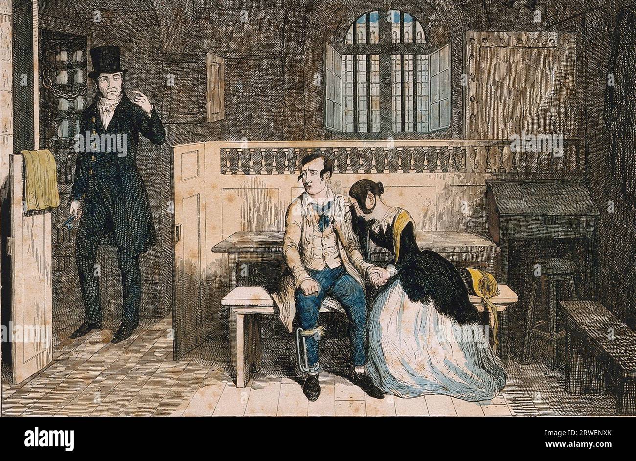 Ein verurteilter Dieb sitzt im Gefängnis mit seiner verzweifelten Schwester, die freigesprochen wurde. Farbige Ätzung von G. Cruikshank, 1848, England, historische, digital restaurierte Reproduktion aus einer Origina des 19. Jahrhunderts Stockfoto