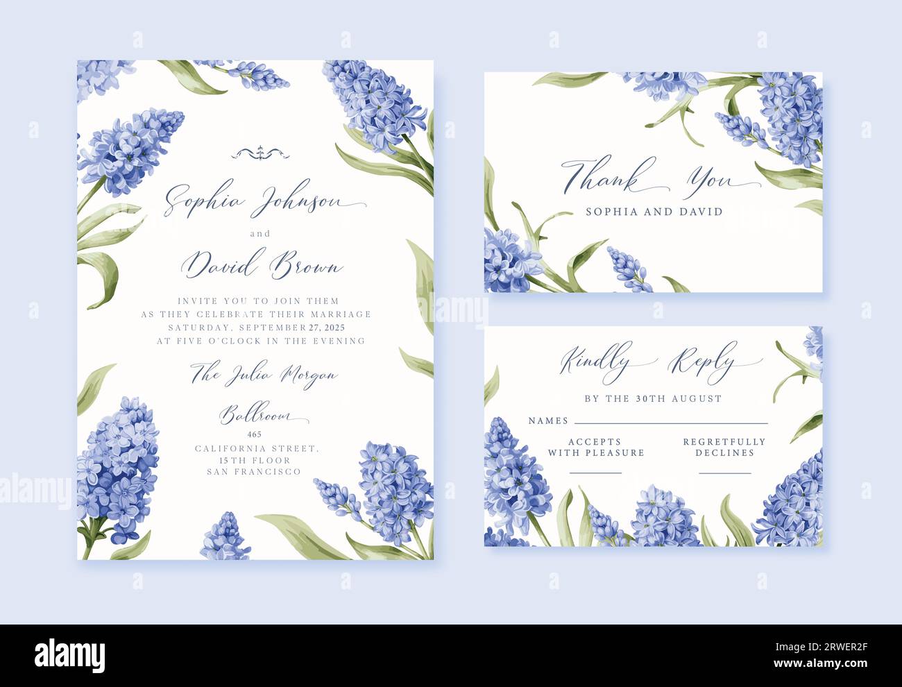 Aquarell Hochzeit antike Einladung mit blauen Hyazinthen Blumen, Dankeschön und rsvp-Karten, Vektorschablone. Stock Vektor