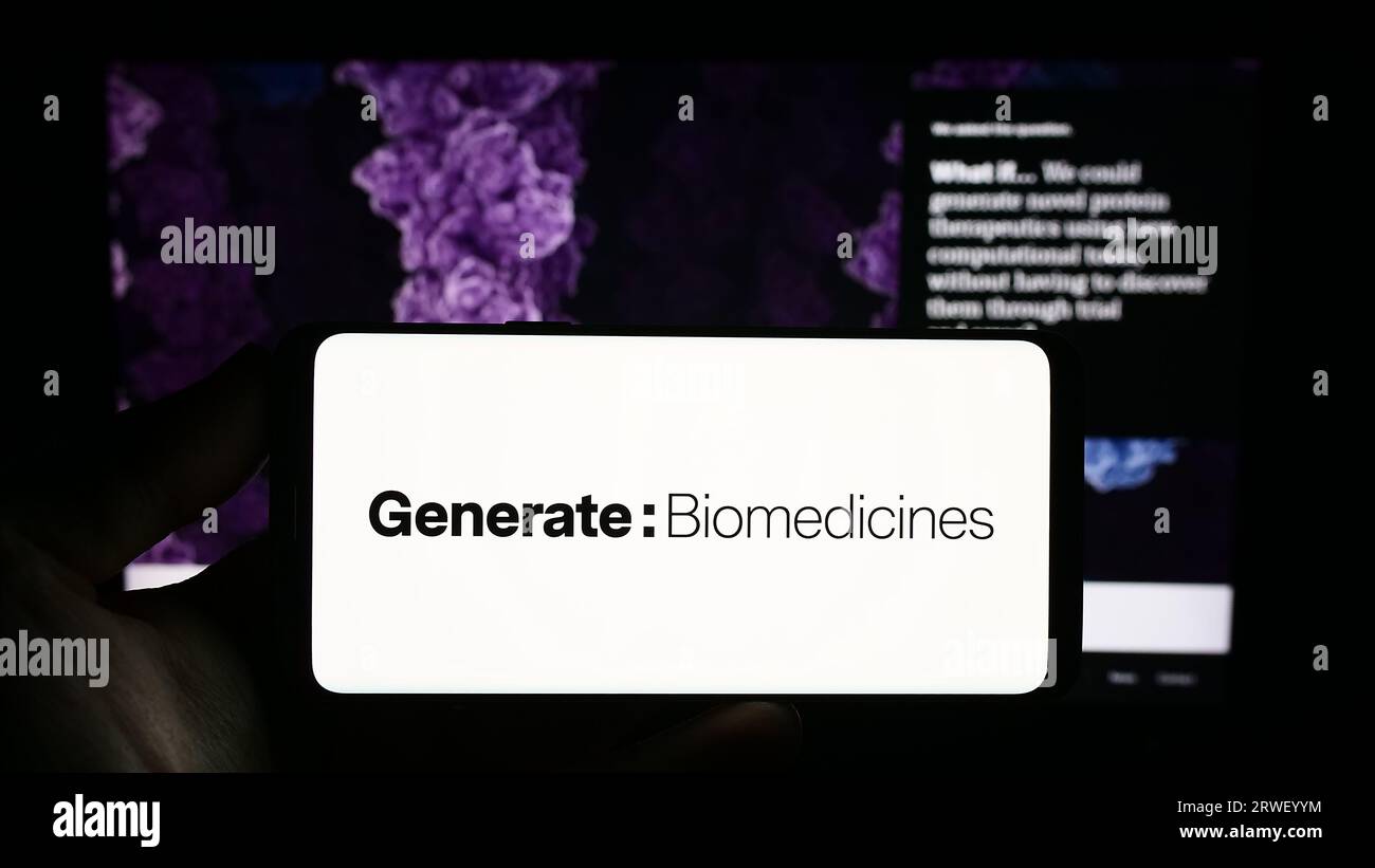 Person, die ein Smartphone mit dem Logo des US-amerikanischen Biotechnologie-Unternehmens Generate Biomedicines auf dem Bildschirm vor der Website hält. Konzentrieren Sie sich auf das Display des Telefons. Stockfoto