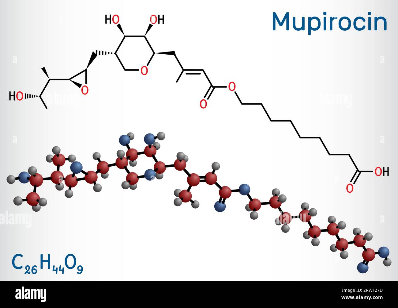 Mupirocin-Molekül. Es ist eine antibakterielle Salbe zur Behandlung von Impetigo und Hautinfektionen. Strukturelle chemische Formel, Molekülmodell. Vektorillus Stock Vektor