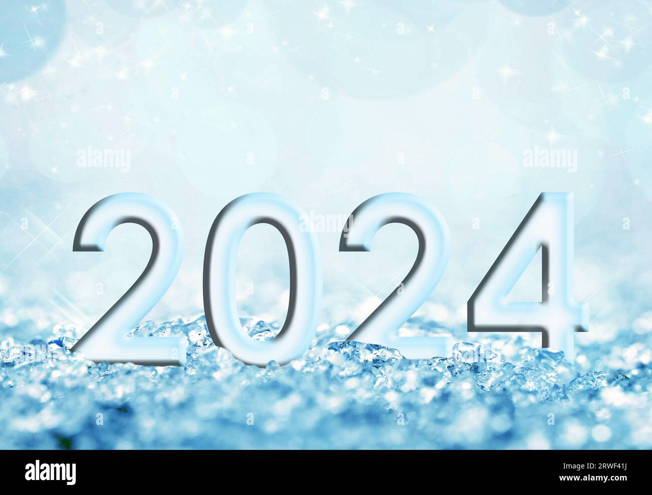 2024, Neujahrskarte, blauer Eisschnee und Bokeh-weihnachtshintergrund Stockfoto