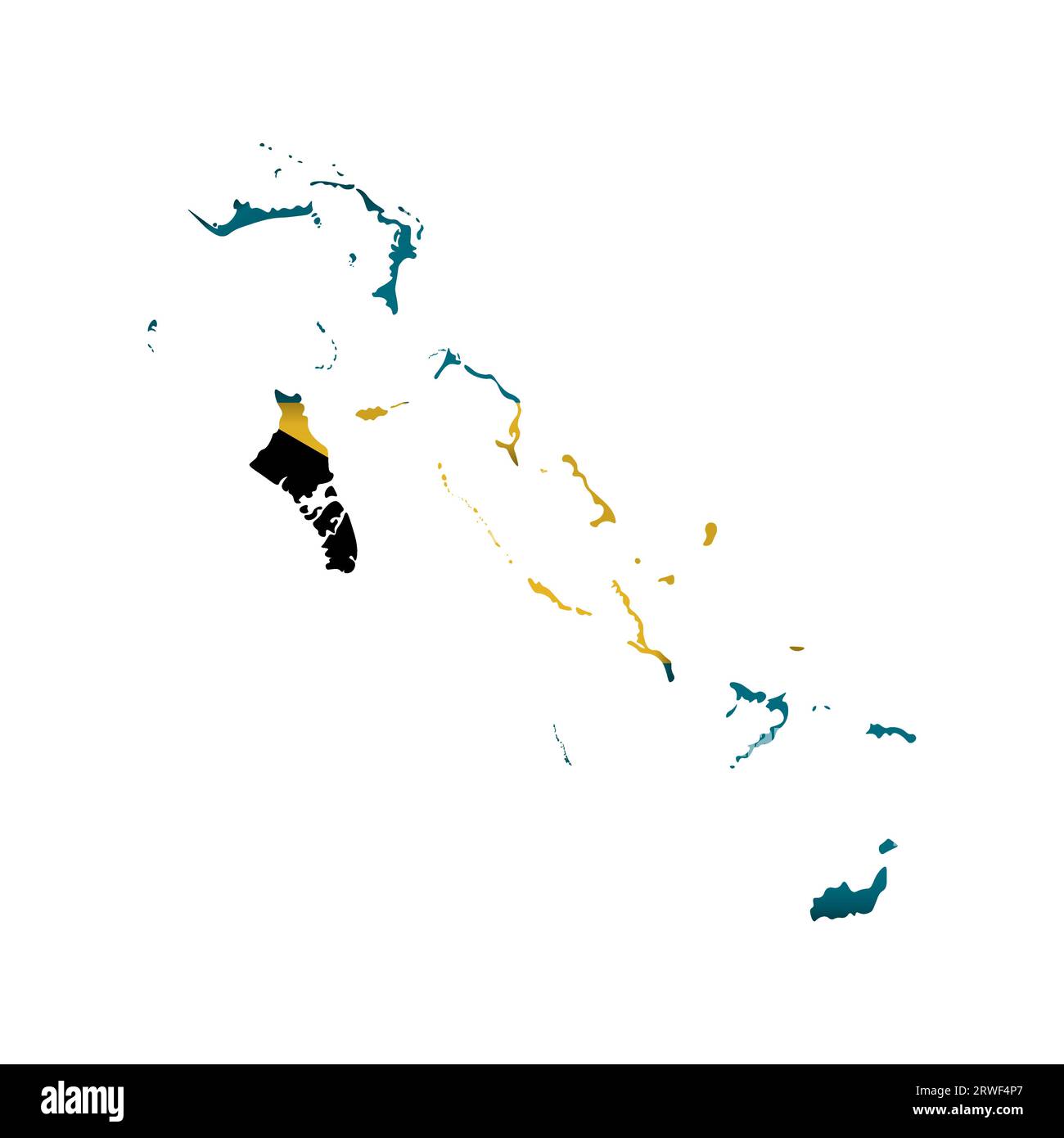 Vektor isolierte Illustration mit Bahamas Nationalflagge mit Form der Inselkarte (vereinfacht). Volume Shadow auf der Karte. Weißer Hintergrund. Stock Vektor