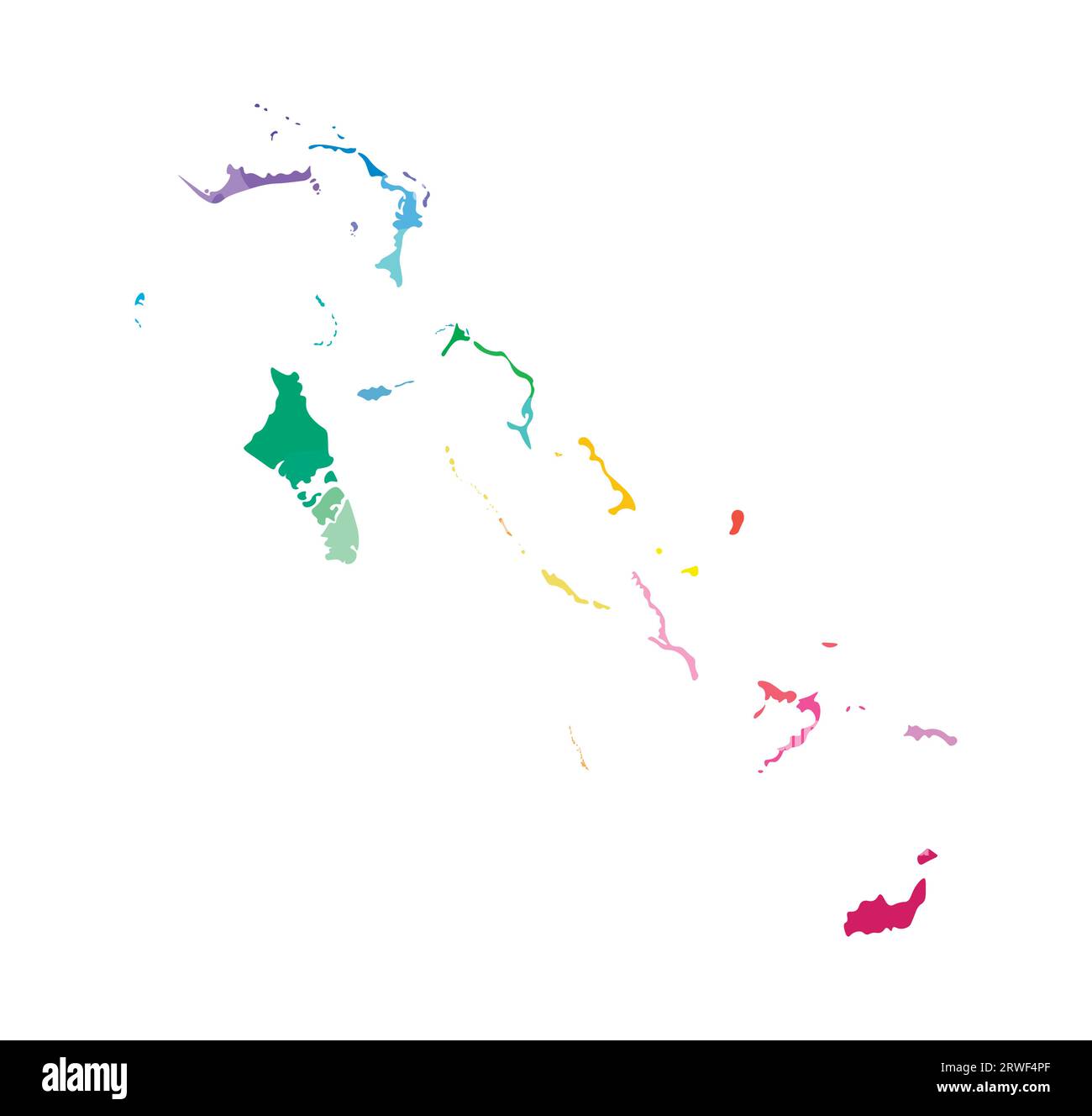 Vektorisolierte Illustration einer vereinfachten Verwaltungskarte der Bahamas. Grenzen der Regionen. Mehrfarbige Silhouetten. Stock Vektor