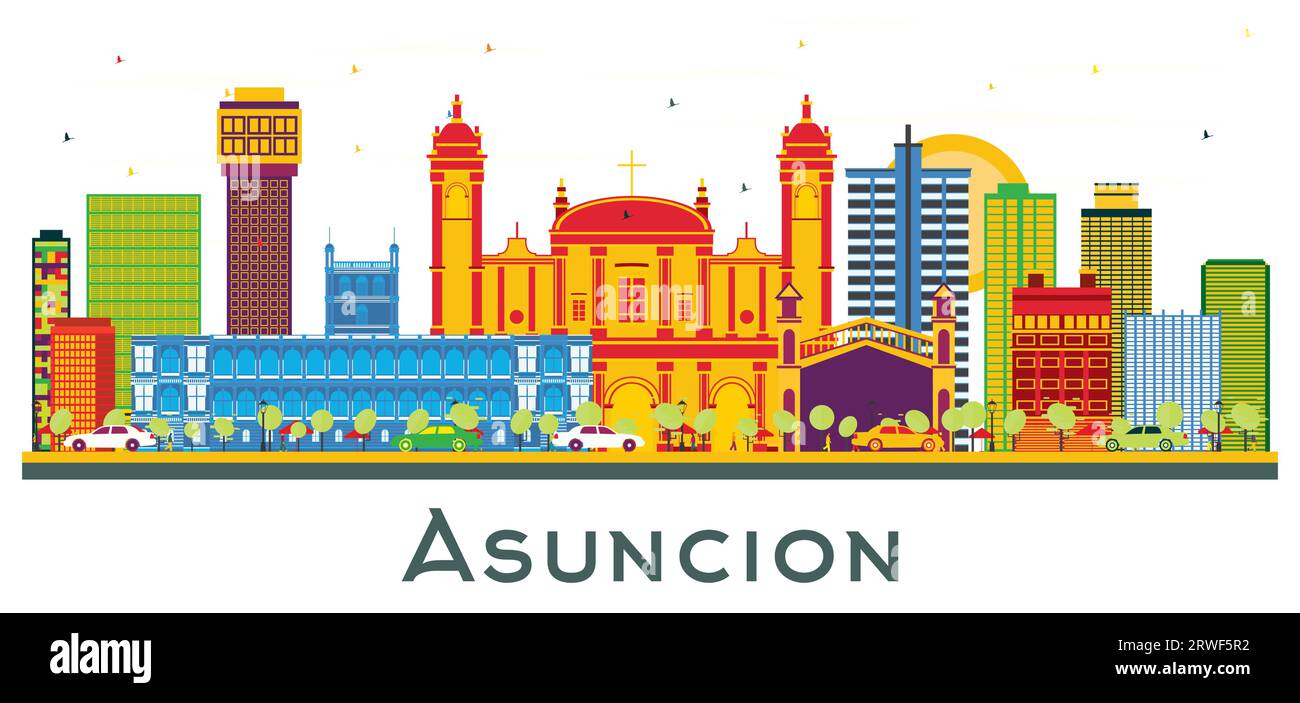 Asuncion Paraguay City Skyline mit farbigen Gebäuden isoliert auf weiß. Vektorillustration. Stock Vektor