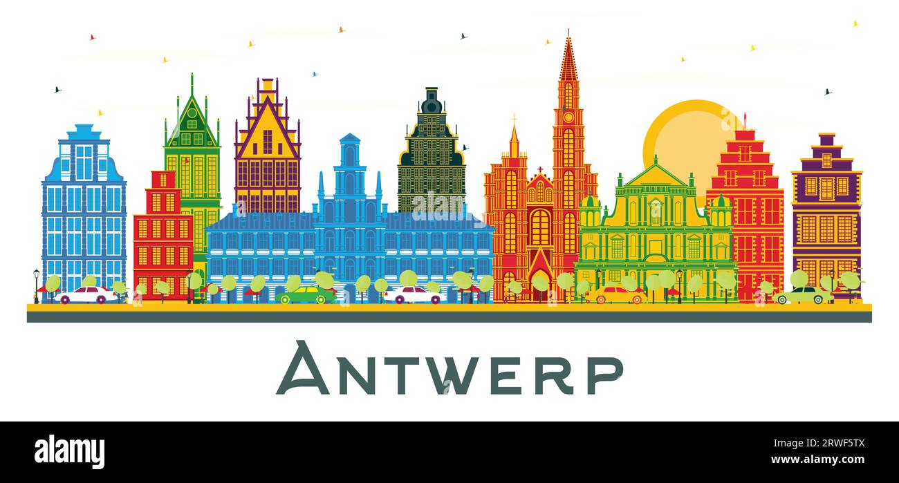 Antwerpen Belgien Skyline mit farbigen Gebäuden isoliert auf weiß. Vektorillustration. Business Travel and Tourism Concept. Stock Vektor
