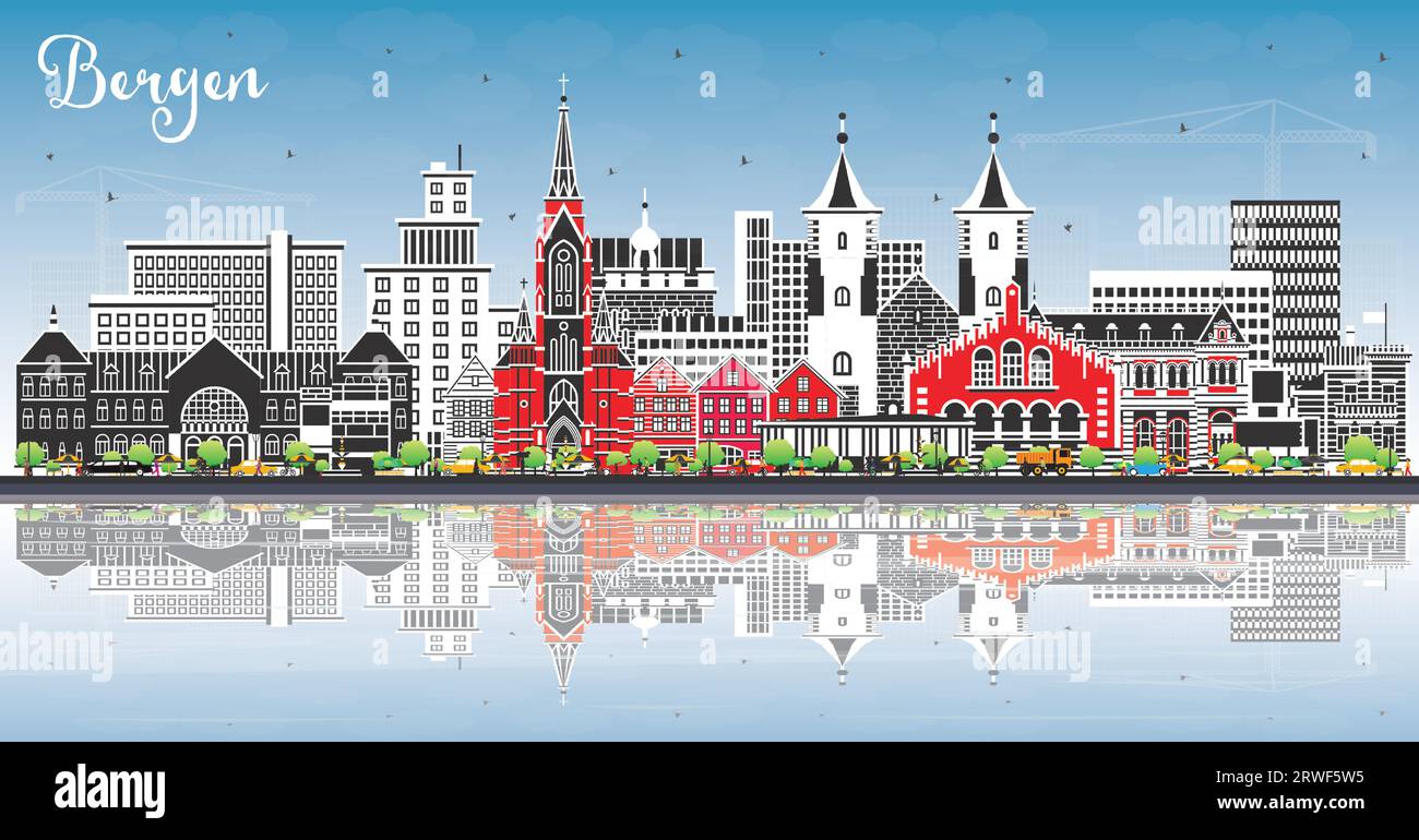 Bergen Norwegen Skyline mit farbigen Gebäuden, blauem Himmel und Reflexionen. Vektorillustration. Bergen Stadtbild mit Sehenswürdigkeiten. Stock Vektor