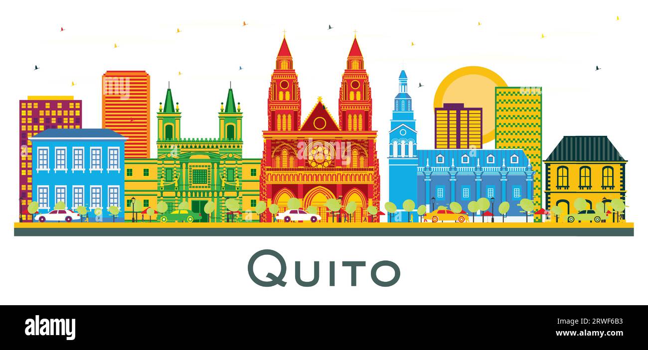 Quito Ecuador City Skyline mit farbigen Gebäuden isoliert auf weiß. Vektorillustration. Business Travel and Tourism Concept mit historischer Architektur Stock Vektor