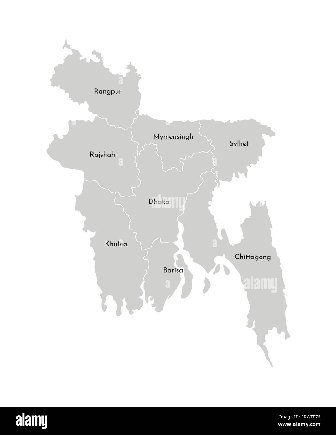 Vektorisolierte Darstellung einer vereinfachten Verwaltungskarte von Bangladesch. Grenzen und Namen der Provinzen (Regionen). Graue Silhouetten. Weiß raus Stock Vektor