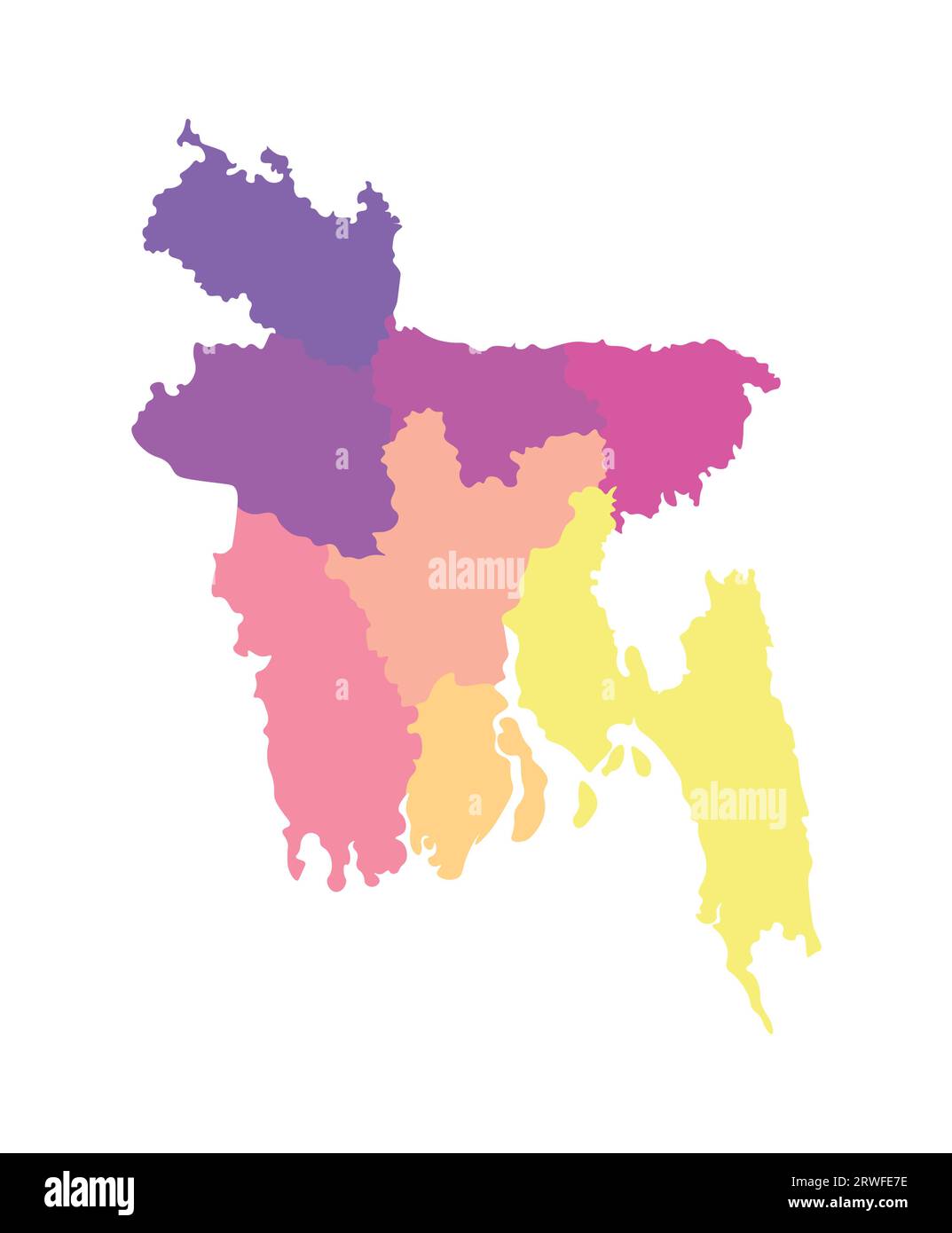 Vektorisolierte Darstellung einer vereinfachten Verwaltungskarte von Bangladesch. Grenzen der Regionen. Mehrfarbige Silhouetten. Stock Vektor