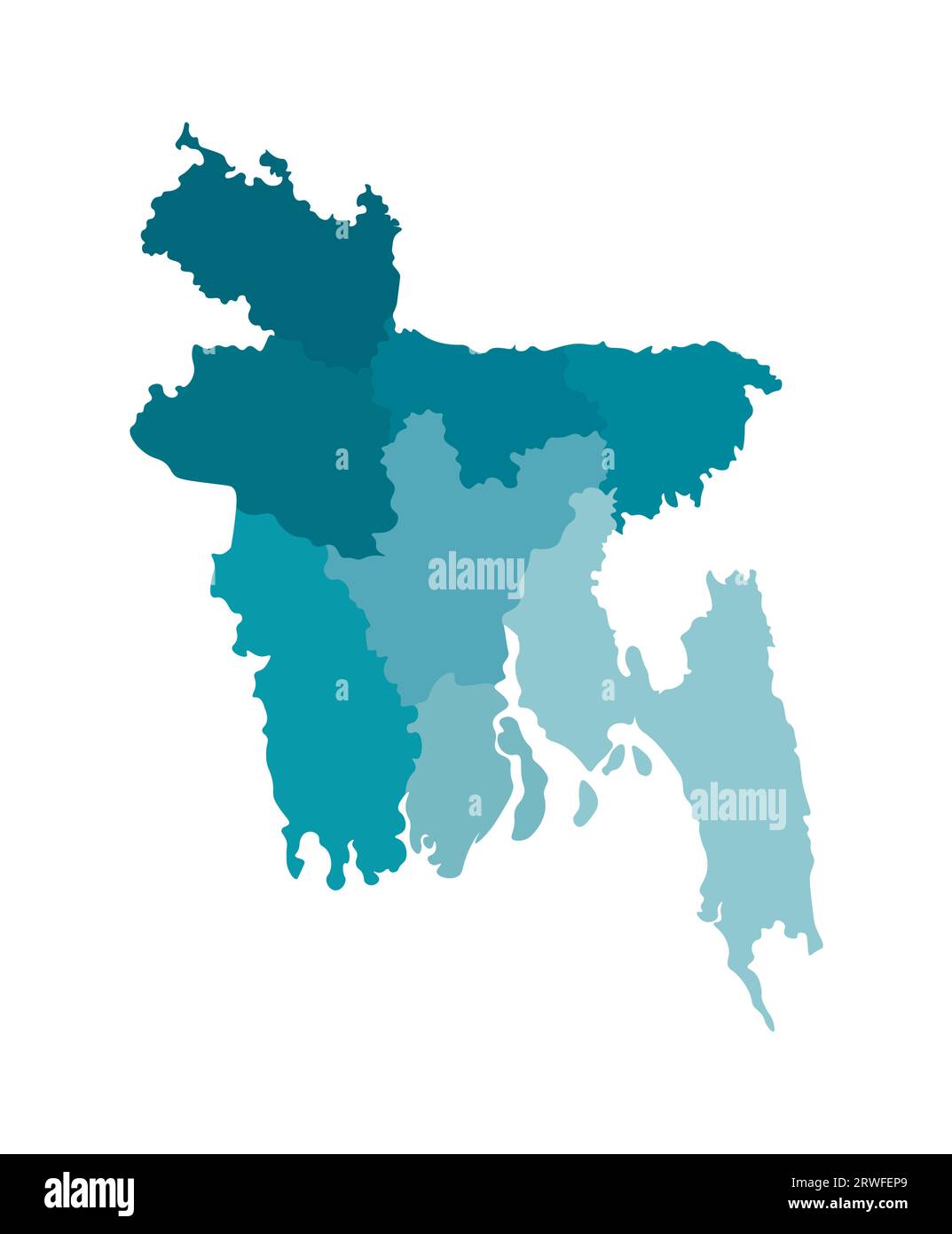 Vektorisolierte Darstellung einer vereinfachten Verwaltungskarte von Bangladesch. Grenzen der Regionen. Farbenfrohe, khakifarbene Silhouetten. Stock Vektor
