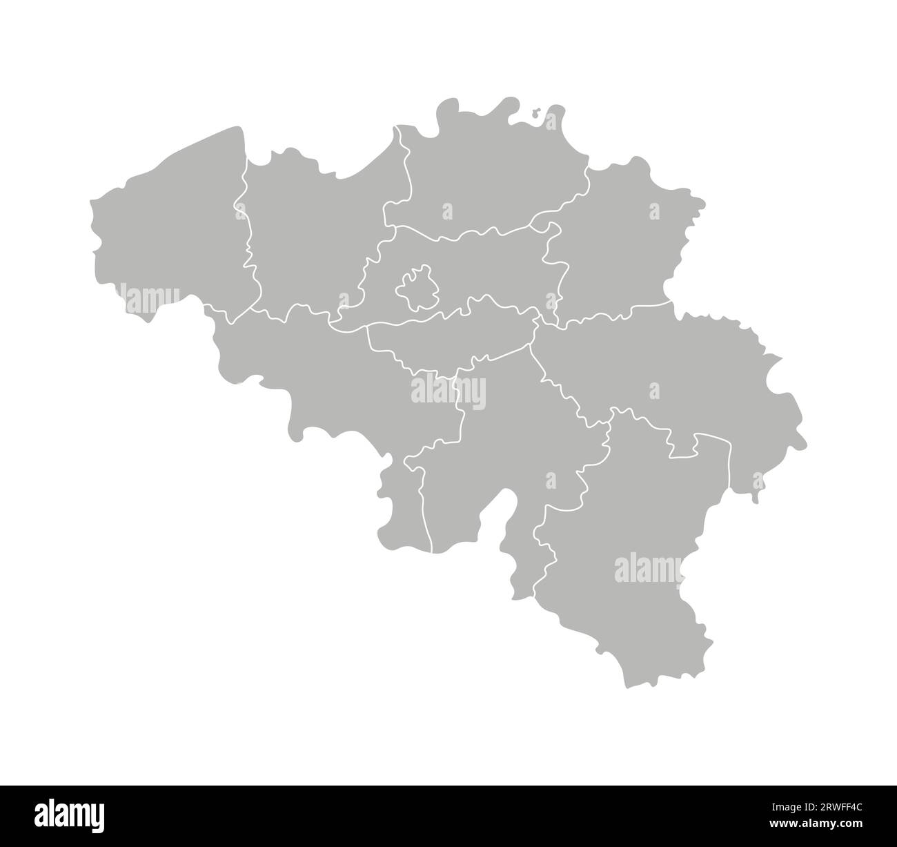 Vektorisolierte Darstellung einer vereinfachten Verwaltungskarte Belgiens. Grenzen der Provinzen (Regionen). Graue Silhouetten. Weiße Umrandung. Stock Vektor