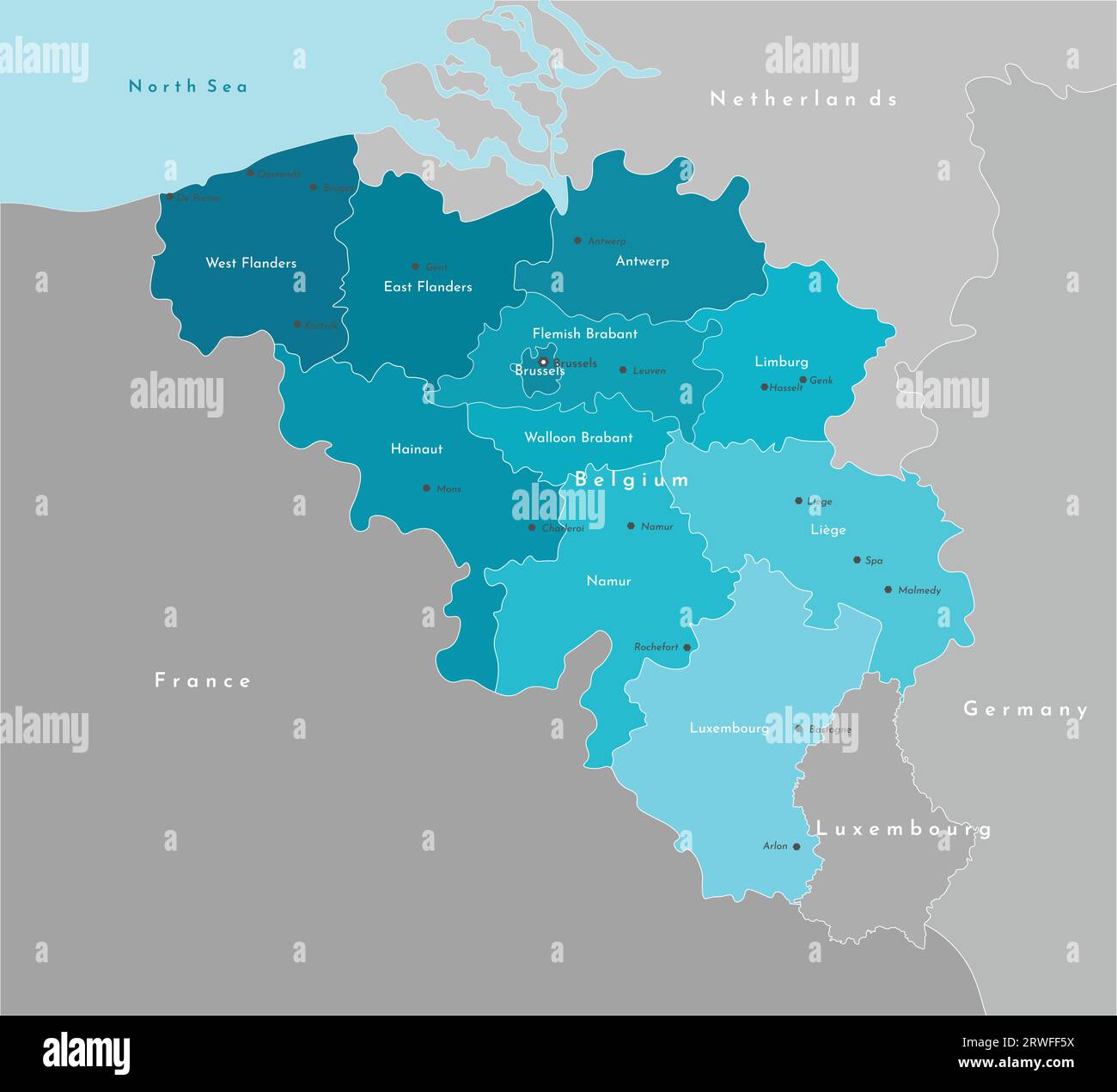 Vector Modern Illustration. Vereinfachte geografische Karte von Belgien und den nächstgelegenen Ländern. Blauer Hintergrund der Nordsee. Namen der belgischen Städte und p Stock Vektor