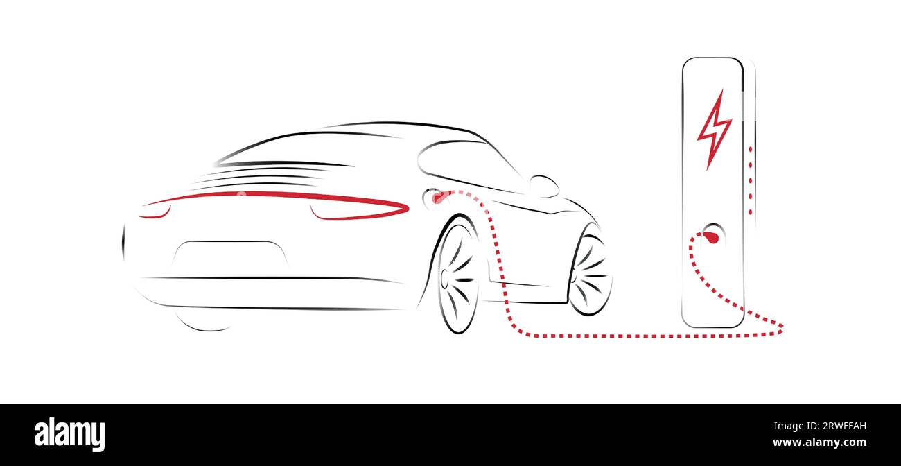 EA Elektroauto mit Ladestation verbinden. ECO Power, EV-Ladegerät Stock Vektor