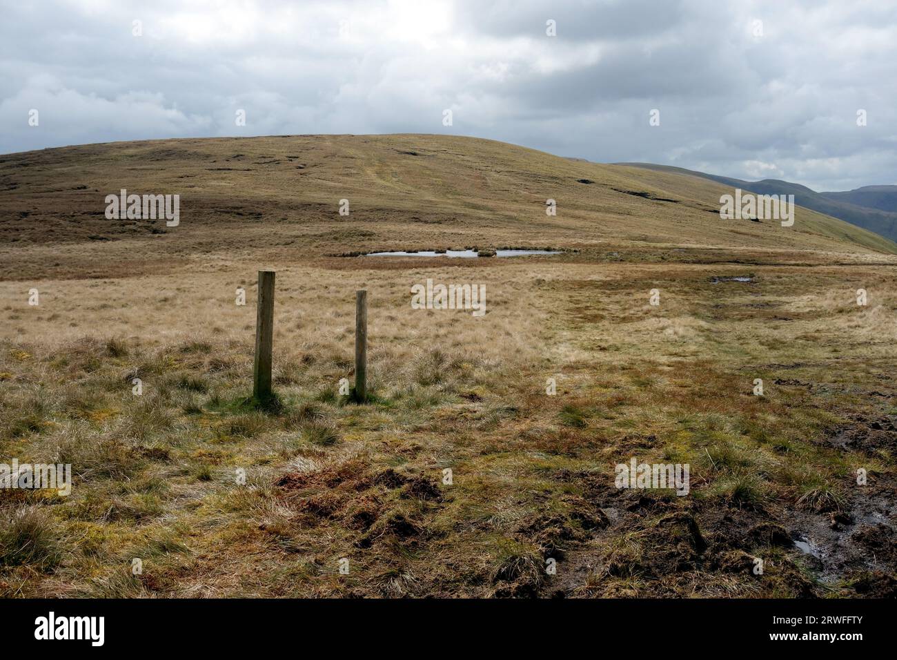 Zwei alte hölzerne Fenceposts und der Wainwright „wether Fell“ vom Col mit „Loadpot Hill“ im Lake District National Park, Cumbria, England, Großbritannien Stockfoto