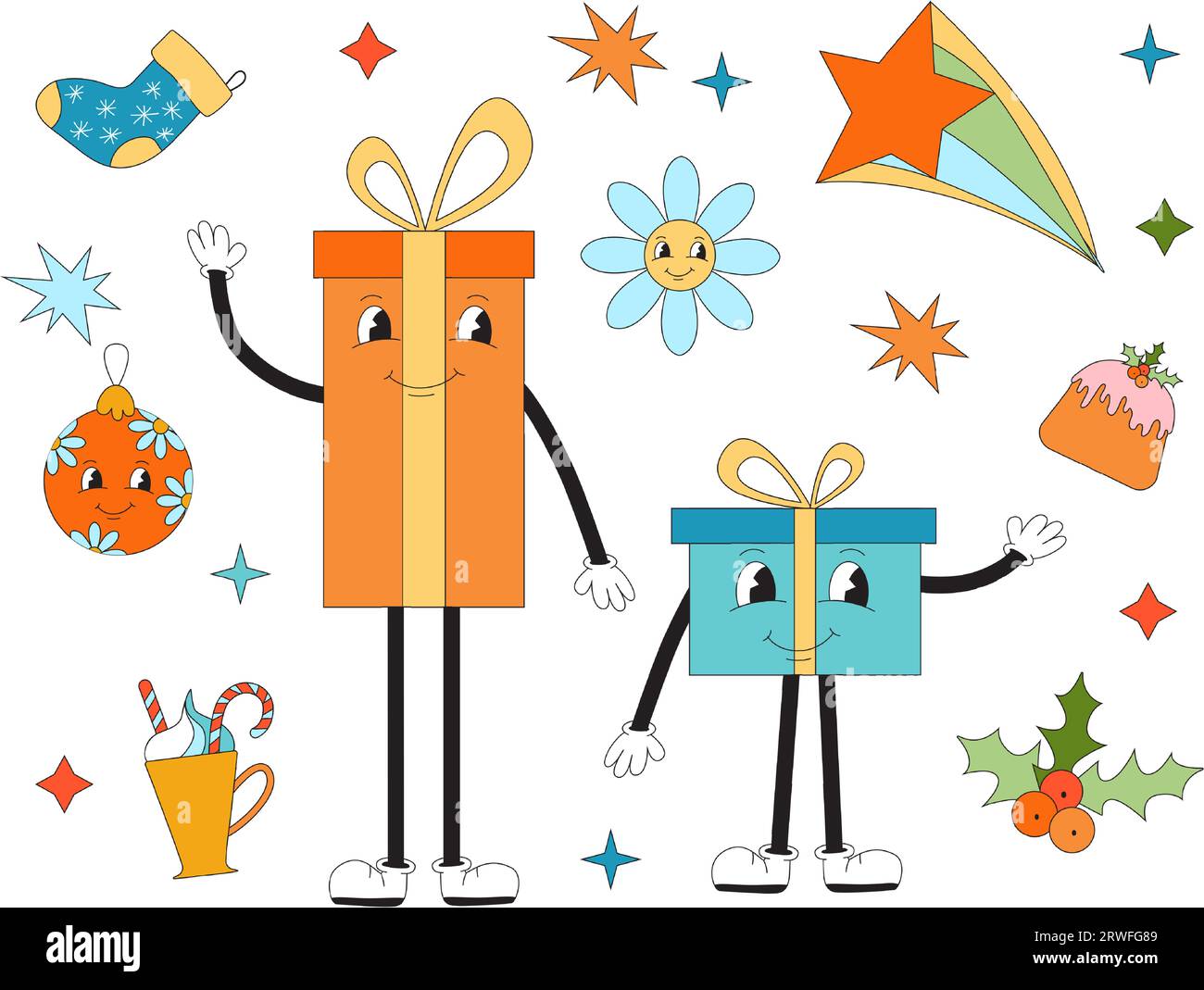 Frohe Weihnachten Groovy Set. Kollektion von Hippie-Urlaubs-Winterelementen im trendigen alten Animationsstil. Groovende Weihnachtsaufkleber. Stock Vektor