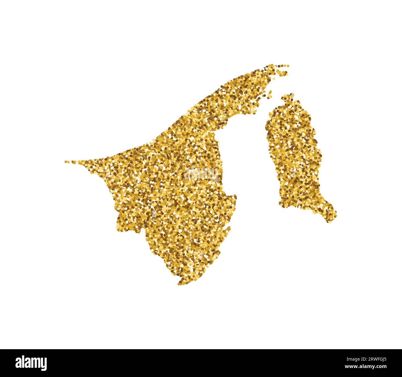 Vektor-isolierte Illustration mit vereinfachter Brunei-Karte. Verziert mit glänzender goldener Glitzerstruktur. Silvester- und Weihnachtsdekoration für GREE Stock Vektor