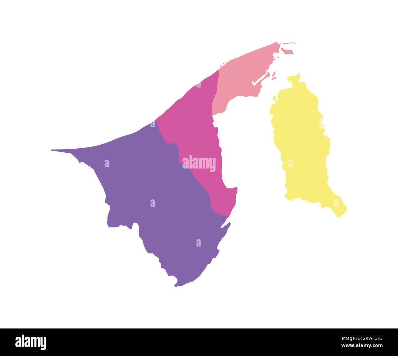 Vektorisolierte Darstellung der vereinfachten Verwaltungskarte Brunei. Grenzen der Regionen. Mehrfarbige Silhouetten. Stock Vektor