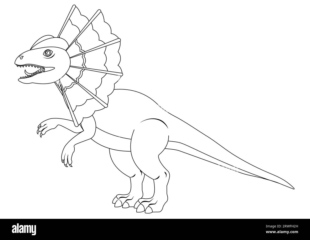 Schwarz-weiß Dilophosaurus Dinosaurier Zeichentrickfigur Vektor. Malseite eines Dilofosauro Dilophosaurus Stock Vektor